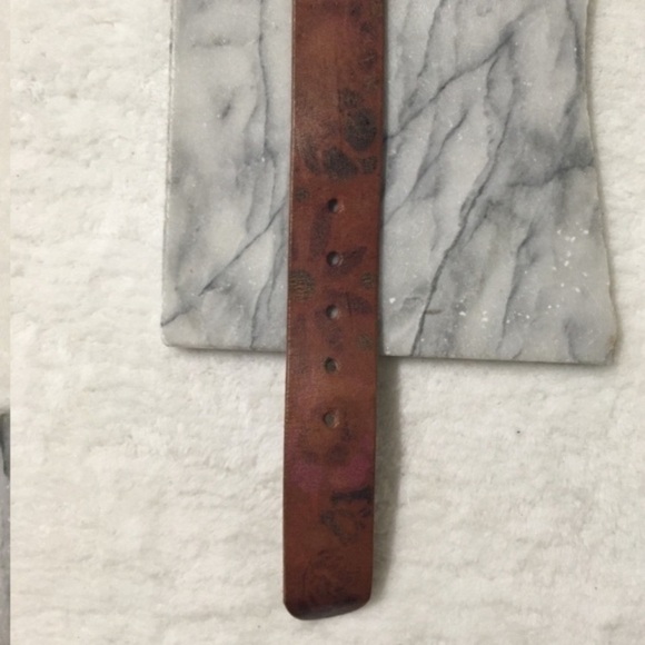 Lucky Brand Leather Floral Print Belt Tan Brown Bronze Buckle Boho Revival - Picture 4 of 11